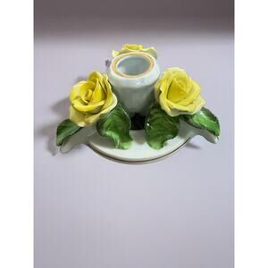 Herand Vintage Yellow Rose Porcelain Yellow Rose Candle Stick Holder 7923 Signed